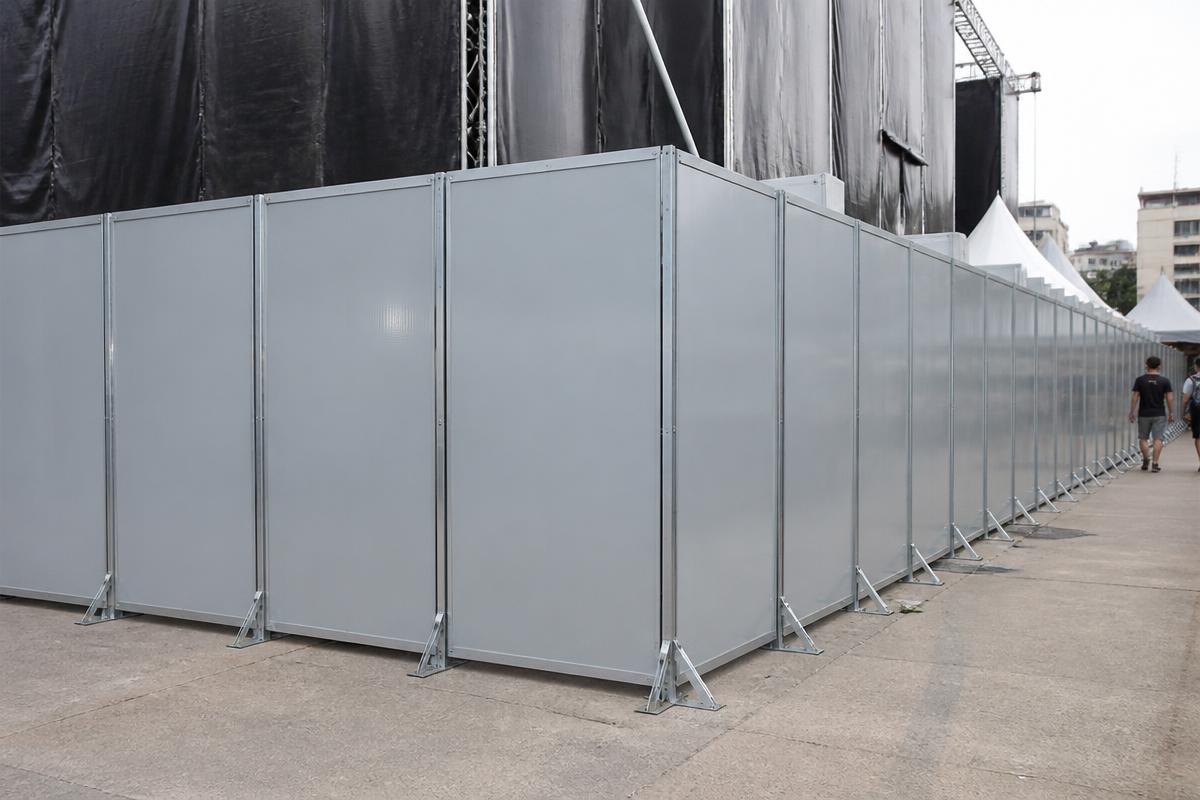 Painéis metálicos opacos instalados lado a lado isolando área técnica de um evento
